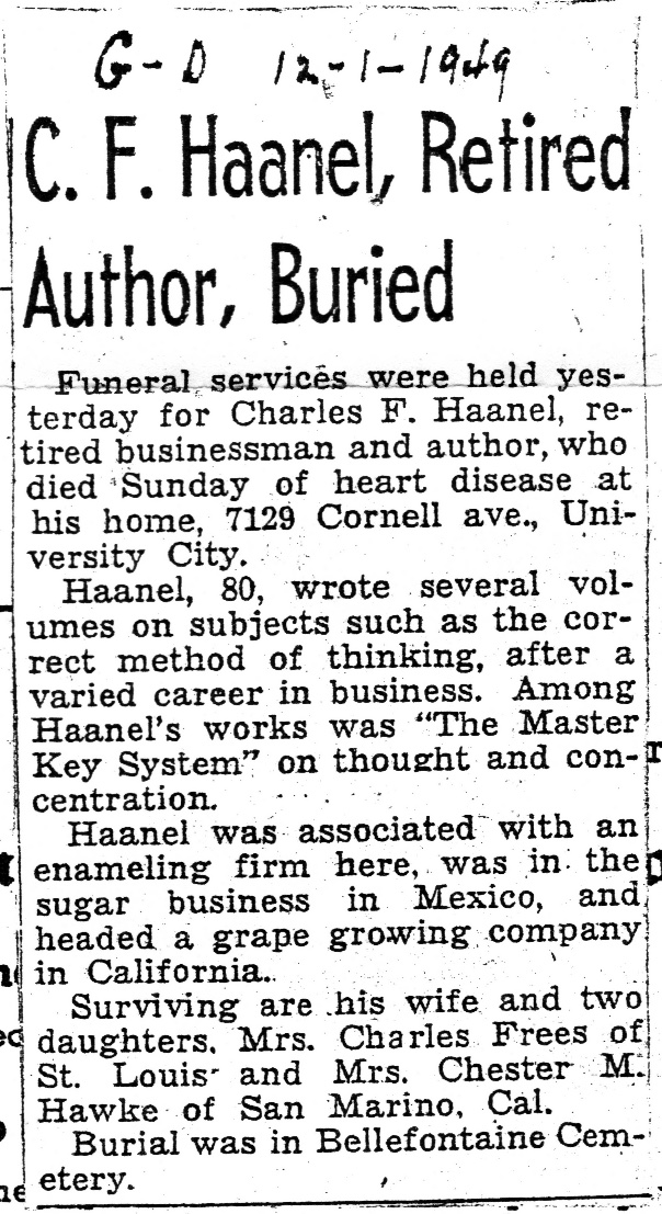 Charles F. Haanel Obituary November 27, 1949