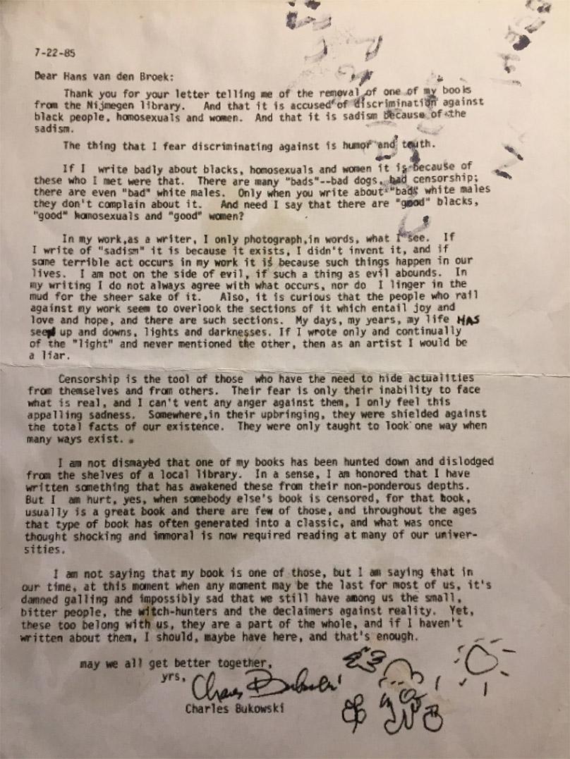 Charles Bukowski letter to library that banned his book 1985